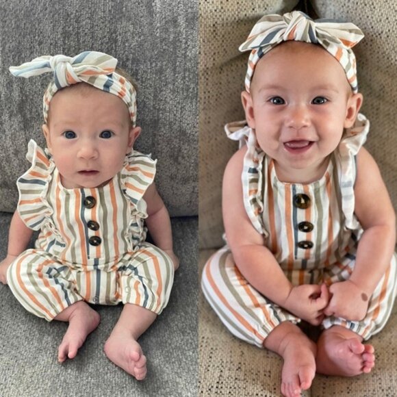Petit Lem | Stripe Printed Romper And Headband Set | Size 3 Months - Picture 1 of 7